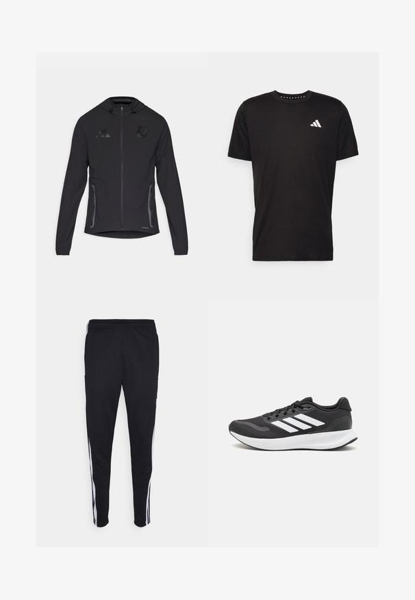 Schwarze Sportjacke mit Frontreißverschluss, Kordelzugkapuze, Seitentaschen und strukturierten Logo-Details. Hergestellt aus leichtem Material.; Schwarzes Baumwoll-T-Shirt mit kurzen Ärmeln, Rundhalsausschnitt und einem weißen Logo auf der linken Brust. Glatte Textur und einfaches Design.; Schwarze Sporthosen mit lockerer Passform, versehen mit weißen Seitenstreifen, einem Kordelzugbund und zwei Seitentaschen. Hergestellt aus weichem Stoff.; Schwarzer Sportschuh mit atmungsaktivem Mesh-Obermaterial, weißen Akzenten und einer gepolsterten Sohle. Mit drei Streifen-Logo an der Seite.