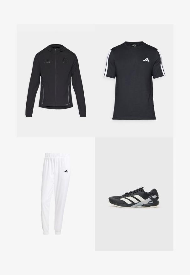 Juodas sportinis džemperis su priekiniais užtrauktukais, reguliuojama gobtuvu, šoninėmis kišenėmis ir tekstūruotais logotipo akcentais. Pagamintas iš lengvos medžiagos.; Juodas medvilninis marškinėlis trumpomis rankovėmis, su baltais dryžiais ant pečių ir baltu logo kairiajame krūtinėje.; Balti sportiniai keliaraiščiai, pagaminti iš lygios medžiagos, su elastinga liemene ir priglundančiais rankogaliais, ant galinio kišenės yra juodas logotipas.; Juoda sportinė avalynė su baltais dryžiais, tinklinis viršus, apvalus pirštas ir paminkštinta padais. Yra tekstūruota kulno dalis ir saugi raištelių sistema.