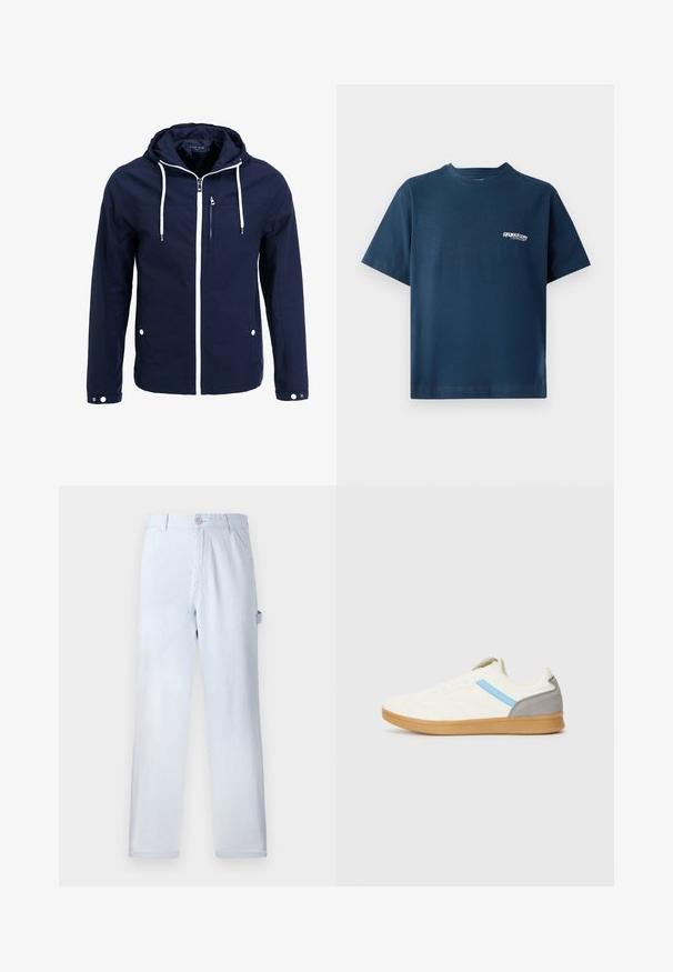 Námornícky vodoodporný kabát s kapucňou, bielymi zipsami a šnúrkami. Má prednú vrecko na zips a dve bočné vrecká na zacvaknutie. Hladká textúra.; Námornícky modré bavlnené tričko s krátkymi rukávmi a okrúhlym výstrihom. Obsahuje malé biele logo na ľavej strane hrudníka. Mäkká textúra.; Svetlomodré pruhované nohavice vyrobené z bavlny. Rovno strihaný dizajn, s predným gombíkovým zapínaním a bočnými vreckami. Mäkčká textúra.; Tenisky s krémovým zvrškom, modrým bočným prúžkom a šedým akcentom na päte. Majú textúrovaný dizajn a gumovú podrážku.