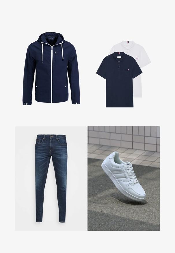 Jūras spēku ūdensnecaurlaidīga jaka ar kapuci, baltām rāvējslēdzēm un regulējamām auklām. Iekļauj priekšējo kabatu ar rāvējslēdzēju un divām sānu kabatām ar pogām. Gluda tekstūra.; Divas polo kreklu komplekts: viens tumši zils un viens balts, abi ar mazu sarkanu, baltu un zilu akcentu uz krūšu kabatas un apkakles.; Tumši zili džinsi ar šauru piegriezumu, ar vieglu izbalēšanu, piecām kabatām un metalizētu pogu aizdari. Šuvju akcenti kontrastējošā krāsā.; Balti sporta apavi ar gludu ādas virsu, sasienamais priekšpuse, perforēts purngals un rakstaina zole. Minimālisma dizains ar trim sānu svītrām.