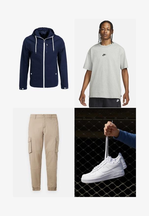 Navy waterproof jacket with a hood, white zippers, and drawstrings. Features a front zippered pocket and two side snap pockets. Smooth texture.; Young person with braided hair wearing a light gray Nike T-shirt and black Nike shorts against a plain white background.; Beige cargo pants in a lightweight cotton material. Features elastic cuffs, multiple side pockets, and a button closure.; White leather sneakers with perforations, round toe, flat sole, and thick laces, featuring a visible swoosh logo and "AIR" on the heel.