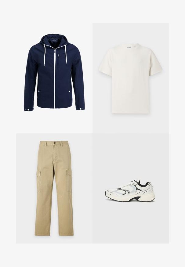 Casaco impermeável azul marinho com capuz, fechos éclair brancos e cordões. Apresenta um bolso frontal com fecho éclair e dois bolsos laterais com pressão. Textura suave.; T-shirt branco de manga curta em textura canelada. Gola redonda, ajuste descontraído, sem padrões ou detalhes visíveis. Design simples e versátil.; Calças cargo bege feitas de algodão, com dois bolsos laterais, fecho de botão e pernas retas com um tecido ligeiramente texturizado.; Ténis atléticos brancos com detalhes em preto, apresentando uma parte superior em malha, sola acolchoada e elementos de design geométrico. Logotipo da marca na lateral.