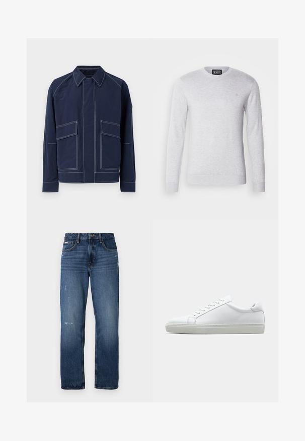 Tumši zila jaka ar apkaklīti, divām lielām priekšējām kabatām, kontrastējošām baltām šuvēm un brīvu piegriezumu. Izgatavota no viegla materiāla.; Gai pelēks adīts džemperis ar garām piedurknēm, apaļu kakla izgriezumu un mazu logotipu izšūtu uz krūšu. Mīksta tekstūra, ikdienas dizains.; Zilas džinsu bikses ar taisnu kāju dizainu. Iezīmējas ar izbalējusiem laukumiem un vieglu nolietojumu priekšpusē, kā arī klasisku pogu aizdari.; Baltie sporta apavi ar gludu ādas virsu un zemu profilu. Iezīmējas ar noapaļotu purngalu, sešām acīm un teksturētu gumijas zoli.
