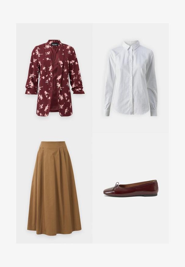 Burgundski cvjetni blejzer s ružičastim cvjetovima. Izrađen od lagane tkanine s prilagođenim krojem, s oštrim reverima i rukavima do tri četvrtine.; Bjela košulja na dugih rukava od glatkog pamuka, s klasičnom kragnom i zakrivljenim rubom. Dugmad su mala i bijela.; Smeđa pamučna suknja A kroja s visokim strukom, koja ima nabore sprijeda i glatku teksturu. Završetci donjeg ruba su čisti i jednostavni.; Burgundska lakirana balerinka s zaobljenim vrhom, malim mašnom sprijeda i niskom, crnom gumenom potplatu. Glatka tekstura.