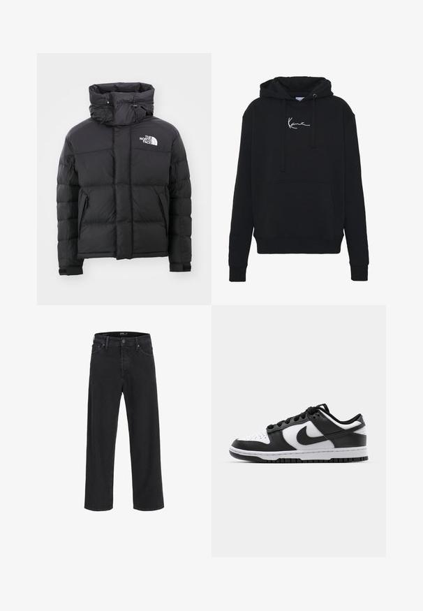 Černá péřová bunda s vysokým límcem, zipem vpředu a vyšitým logem na levé horní straně. Obsahuje prošívané sekce a elastické manžety.; Černá mikina s kapucí vyrobená z měkké tkaniny, s přední kapsou, šňůrkami na stažení a bílou výšivkou loga na prsou. Klasický střih a pletené manžety.; Černé džíny rovného střihu z denimu s knoflíkovým a zipovým zapínáním, poutky na opasek a předními i zadními kapsami.; Černobílé tenisky Nike Dunk s koženým svrškem, perforovanou špičkou, černými tkaničkami a černou gumovou podrážkou s dezénem.