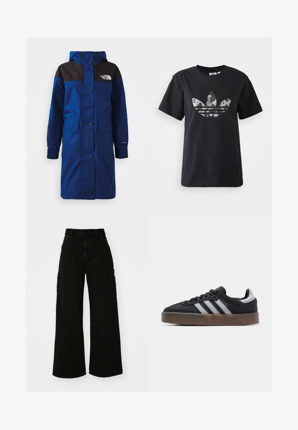 Casaco longo azul com detalhes pretos nos ombros, fechos de botão, dois bolsos frontais, capuz ajustável e logotipo "DRYVENT" na manga.; T-shirt de algodão preta com mangas curtas, apresentando um grande gráfico prateado e castanho do logótipo da Adidas e das três riscas na parte da frente.; Calças cargo largas pretas feitas de denim, com cintura alta, fecho frontal com botão e bolsos laterais. Textura suave com costura mínima.; Ténis pretos com um design elegante, apresentando três riscas brancas, uma língua preta e uma sola de borracha castanha texturizada. Destaques em letras douradas.