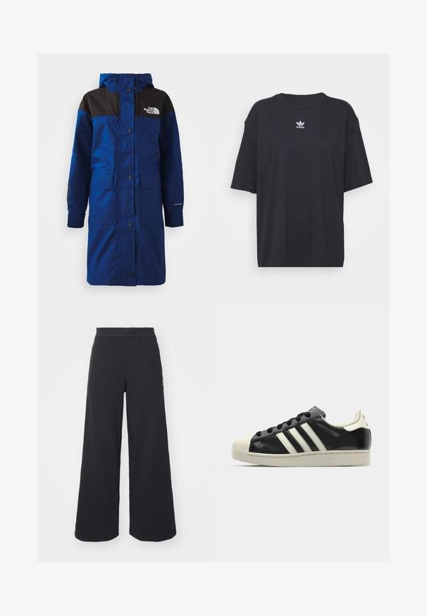 Blauer langer Mantel mit schwarzen Schulterakzenten, Knopfverschlüssen, zwei Fronttaschen, verstellbarem Kapuzen und "DRYVENT"-Logo am Ärmel.; Schwarzes Baumwoll-T-Shirt mit kurzen Ärmeln, rundem Halsausschnitt, mit einem weißen Adidas-Logo auf der Brust. Einfaches Design, lockere Passform.; Schwarze weite Sweatpants aus weichem Material, mit einem elastischen Taillenbund und einem kleinen Logo auf der linken Seite.; Schwarze Ledersneaker mit weißen Streifen, Gummikappe, schwarzen Schnürsenkeln und einer cremefarbenen Sohle. Glatte Textur mit glänzender Oberfläche.