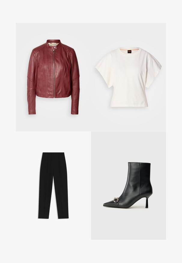Burgundy leather cropped jacket with a high collar, front zipper, and seam detailing on sleeves and body. Smooth texture with a fitted design.; White cropped T-shirt, short wide sleeves, soft cotton material, round neckline with subtle orange trim, minimal design, no patterns or graphics.; Black trousers with a straight fit, featuring double pleats, a smooth texture, and a classic waistband design. No visible hardware or accents.; Black leather ankle boot with pointed toe, slim mid-height heel, and silver buckle detail on side against plain background.