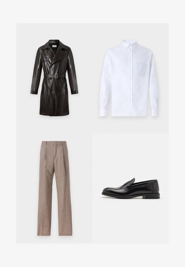 Cappotto trench in pelle nera doppiopetto con vita cinturata, colletto a punta e maniche lunghe. Texture liscia, dettagli hardware minimi.; Camicia bianca a maniche lunghe con bottoni, realizzata in cotone, caratterizzata da una tasca sul petto con ricamo tonale, colletto e polsini con bottoni.; Pantaloni marroni a vita alta realizzati in tessuto testurizzato. Presentano gambe ampie e due pieghe frontali per struttura. Rifinitura curata senza hardware visibile.; Mocassini neri in pelle con una texture liscia, punta arrotondata e una striscia decorativa sulla tomaia. Tacco basso impilato, design minimalista.