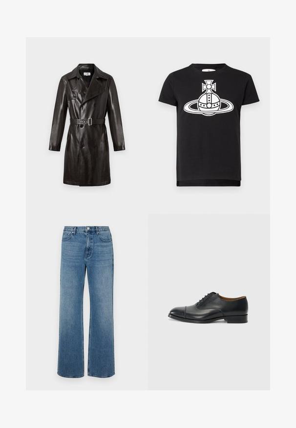 Black leather double-breasted trench coat with a belted waist, pointed collar, and long sleeves. Smooth texture, minimal hardware details.; Black short-sleeve t-shirt with a large white graphic of a stylized orb and ring topped by a cross at the center front.; Wide-leg blue jeans made of denim with a faded finish. Features five pockets, a front button closure, and a straight cut.; Black leather dress shoe with a smooth finish, rounded toe, five eyelets for laces, and low block heel. Minimalist design with subtle stitching.