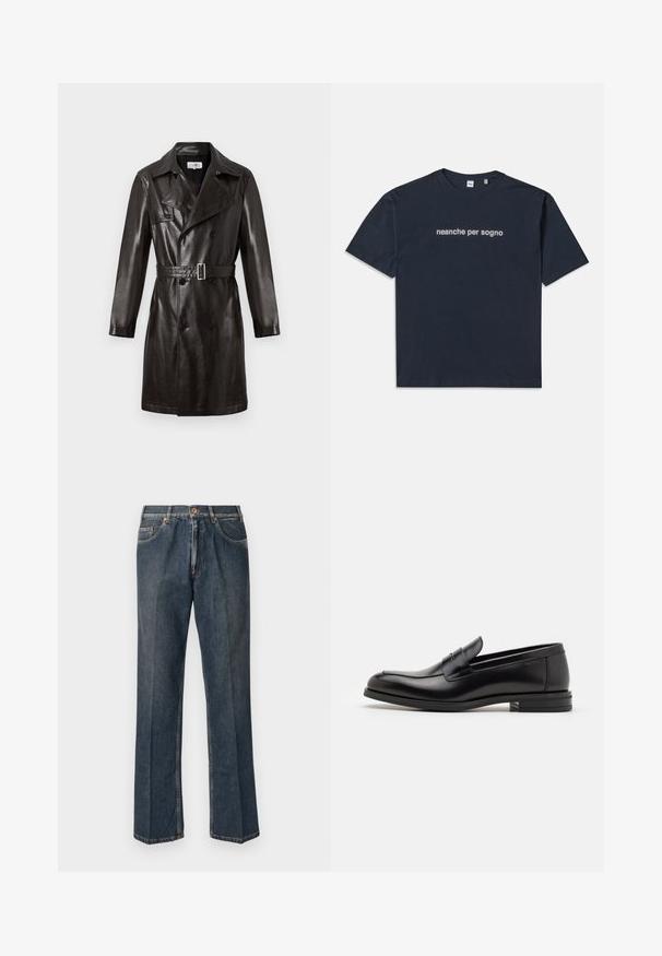 Juodas odinis dvigubos sagos paltas su diržo juosmeniu, smailiu apykakle ir ilgomis rankovėmis. Lygus paviršius, minimalus detalės.; Tamsiai mėlynas trumpa rankovė T-palaidinė su balta tekstu "neanche per sogno" centruota ant krūtinės, apvaliu kaklu, vidutinio dydžio.; Tamsiai mėlynos tiesios kojos džinsai su priekiniais mygtukais, užtrauktuku, dviem priekinėmis kišenėmis ir matomomis vertikaliomis raukšlėmis nuo kelnių šonų.; Juodos odinės loafers, turinčios lygų paviršių, apvalią noselę ir dekoratyvinę juostą per priekinę dalį. Žemas krentantis kulnas, minimalistinis dizainas.