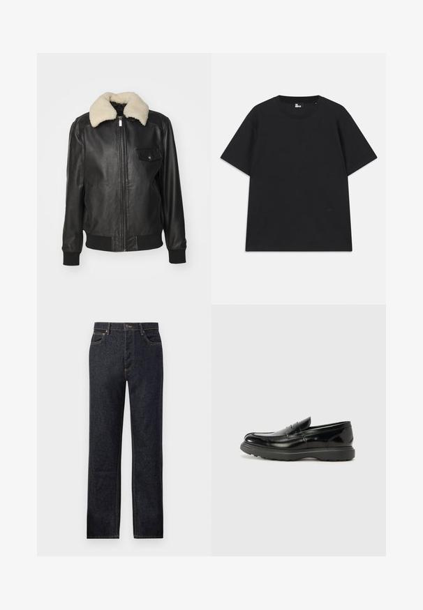 Svart läderjacka med en krämfärgad fuskpälskrage, dragkedjestängning, sidofickor och en bröstficka med tryckknappdetalj.; Svart kortärmad t-shirt i bomull, med rund halsringning och en liten logodetalj nära fållen. Slät textur, normal passform.; Mörka jeans i denim med rak passform, kontrasterande gula sömmar, femficksdesign och knappstängning fram.; Svart läderloaferskor med en glänsande yta, rund tå, diskreta söm detaljer och en tjock gummisula för hållbarhet.