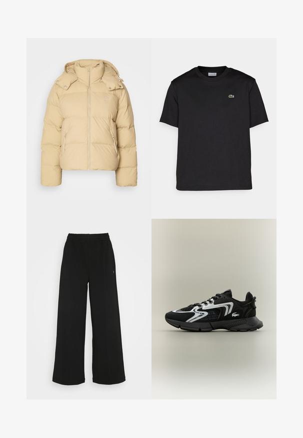 Beige puffer jacket with a high collar, hood, and zippered front. Features quilted sections and side pockets; made from a smooth, soft material.; Black cotton t-shirt with a round neckline, short sleeves, and a small green embroidered logo on the left chest. Simple design.; Black wide-leg pants with an elastic waistband. Made from a soft, lightweight material. Features vertical seams along the front.; Black athletic shoes with mesh panels, silver accents, and textured black overlays. Features laces and a curved, sturdy outsole.