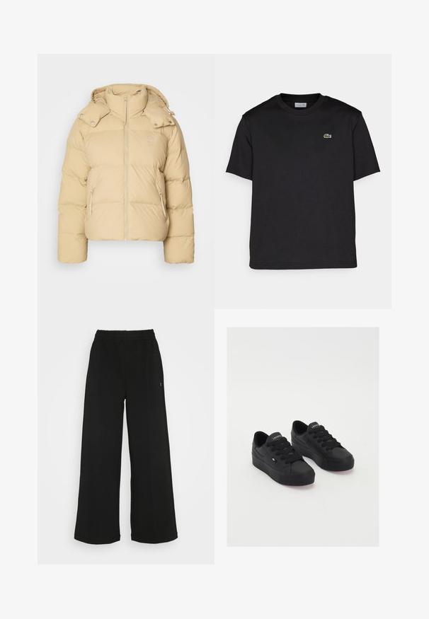 Beige puffer jacket with a high collar, hood, and zippered front. Features quilted sections and side pockets; made from a smooth, soft material.; Black cotton t-shirt with a round neckline, short sleeves, and a small green embroidered logo on the left chest. Simple design.; Black wide-leg pants with an elastic waistband. Made from a soft, lightweight material. Features vertical seams along the front.; Black low-top sneakers made of smooth material, featuring thick laces, a textured sole, and a small logo on the side and tongue.