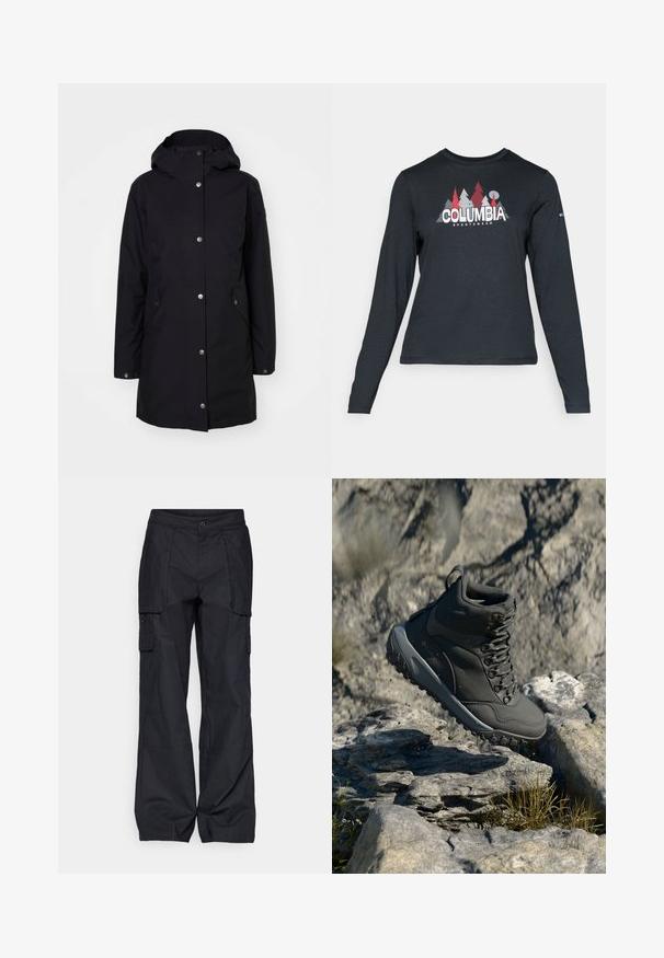 Czarna wodoodporna kurtka z kapturem, zapięcie na napy, boczne kieszenie i prosty krój. Gładka tekstura i minimalistyczny design.; Długie rękawy, ciemnoszara koszula z grafiką czerwonych drzew i gór; logo "COLUMBIA" w wyraźnym białym tekście. Miękka tkanina, standardowy okrągły dekolt.; Columbia - Długie spodnie trekkingowe; Ciemnoszare buty trekkingowe wykonane z materiału syntetycznego, z wyściełanym kołnierzem, metalowymi oczkami i teksturowaną gumową podeszwą zapewniającą przyczepność.