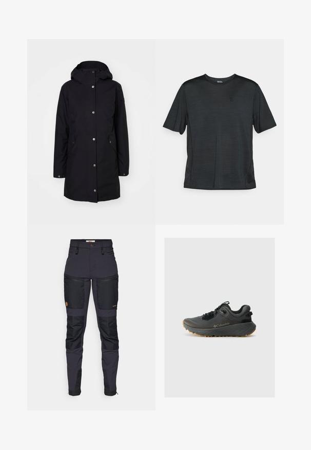 Czarna wodoodporna kurtka z kapturem, zapięcie na napy, boczne kieszenie i prosty krój. Gładka tekstura i minimalistyczny design.; Czarny krótki rękaw koszulka sportowa z lekkiego, odprowadzającego wilgoć materiału. Posiada okrągły dekolt i małe logo na klatce piersiowej.; Ciemnoszare spodnie z czarnymi wzmocnieniami. Cechy to zamykane na zamek kieszenie, dopasowany fason oraz trwała faktura materiału.; Columbia TERRASTRIDE CRZ ciemnoszary