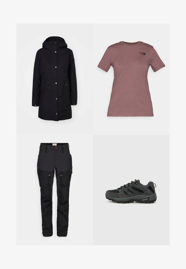 Czarna wodoodporna kurtka z kapturem, zapięcie na napy, boczne kieszenie i prosty krój. Gładka tekstura i minimalistyczny design.; T-shirt z krótkim rękawem i okrągłym dekoltem w stonowanym kolorze mauve, wykonany z miękkiej tkaniny. Posiada małe, czarne logo na górnej lewej części klatki piersiowej.; Czarne spodnie outdoorowe o wytrzymałej teksturze, z kieszeniami cargo, regulowanym pasem i zapięciami na guziki, zaprojektowane z myślą o funkcjonalności i komforcie.; Columbia REDMOND czarny