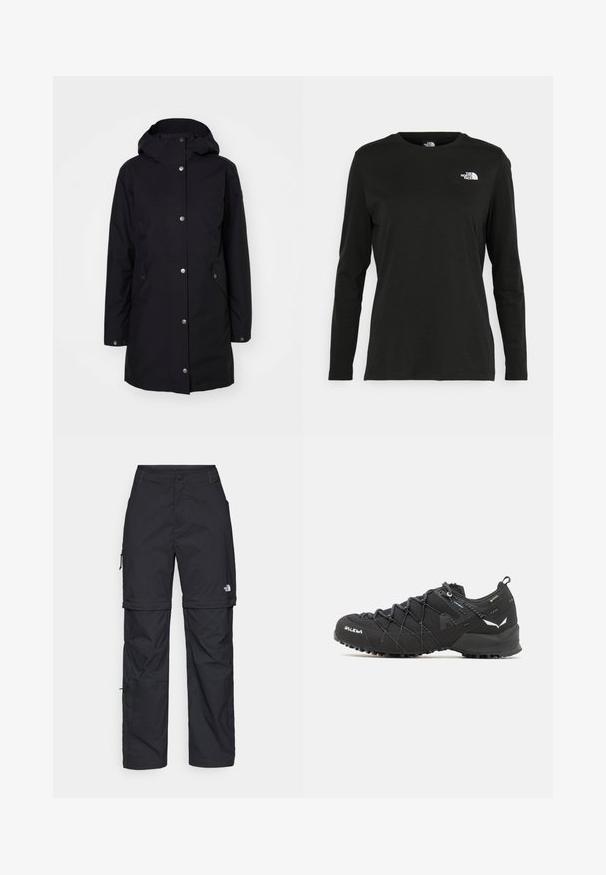 Černá voděodolná bunda s kapucí, patentními knoflíky, bočními kapsami a rovný střih. Hladká textura a minimalistický design.; Černé tričko s dlouhým rukávem vyrobené z bavlny s kulatým výstřihem. Na levé části hrudi se nachází malé bílé logo. Jednoduchý design a střih.; Černé nylonové cargo kalhoty na zip s nastavitelnými manžetami, několika kapsami a logem na pravé noze. Hladká, lehká textura.; Černé turistické boty s texturovaným tkaninovým svrškem, šněrovacím systémem a robustní gumovou podrážkou. Ozdobené reflexními detaily a logy.