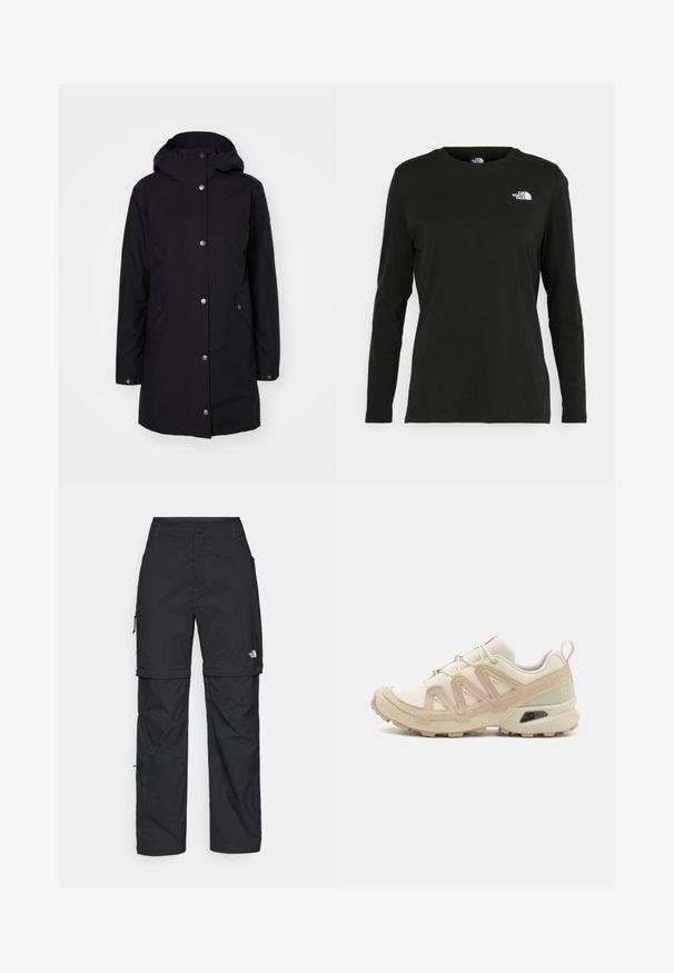 Schwarze wasserdichte Jacke mit Kapuze, Druckknopf-Verschlüssen, Seitentaschen und geradem Schnitt. Glatte Textur und minimalistisches Design.; Schwarzes Langarm-T-Shirt aus Baumwolle mit Rundhalsausschnitt. Verfügt über ein kleines weißes Logo auf der linken Brustseite. Einfaches Design und Passform.; Schwarze Nylon-Zip-Off-Cargohosen mit verstellbaren Bündchen, mehreren Taschen und einem Logo am rechten Bein. Glatte, leichte Textur.; Beige und cremefarbenen Sportschuh mit strukturiertem Mesh-Obermaterial, unterstützenden Überzügen und Gummisohle mit einem Profilmuster für Bodenhaftung.