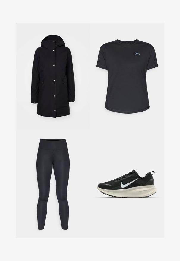 Melnā ūdensnecaurlaidīgā jaka ar kapuci, spiedpogu aizdari, sānu kabatām un taisnu piegriezumu. Gluda tekstūra un minimālistisks dizains.; Melns sporta krekls ar īsām piedurknēm un apaļu kakla izgriezumu, gluda auduma, ar atstarojošu zilu logo kreisajā krūtī. Šuvju apdare gar šuvēm.; Melnas legingi, izgatavoti no gludas, elastīgas auduma. Augsts jostasvieta bez redzamām rakstiem vai akcentiem. Cieši pieguļ no jostas līdz potītēm.; Melnas Nike skriešanas kurpes ar elpojošu acs augšdaļu, baltu Swoosh logotipu, strukturētu apdari un krēmkrāsas ZoomX starpsole.