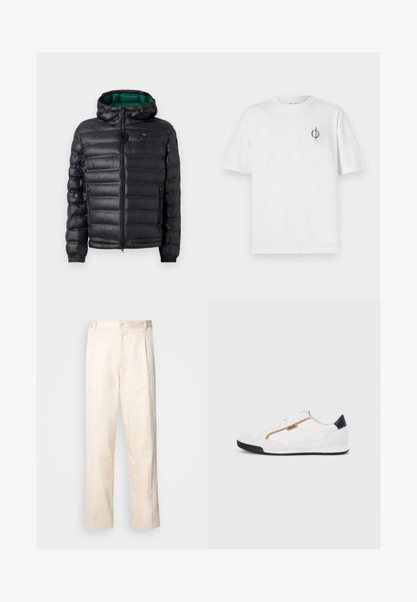 Svart vaddertejakke med hette, som har en blank finish, grønt fôr, glidelåslukking og elastiske mansjetter. Inkluderer merkevarelogo på brystet.; Hvit bomull t-skjorte med avslappet passform, med en liten svart grafisk logo på venstre brystområde. Korte ermer, rund hals.; Beige bomullsbukser med rett benfatt, med knappelukking og folder foran for ekstra detaljer.; Hvite sporty sko med mesh- og lærdetaljer. Har en gull "BOSS"-logo, teksturerte sidepaneler og en svart hælbru. Gummisåle.