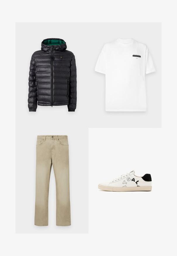 Melnā pūkainā jakā ar kvadrātu dizainu, kapuci un zaļu iekšpusi. Tam ir centrāla rāvējslēdzēja aizdare un logotipa apdare augšējā priekšā.; Balts kokvilnas T-krekls ar apaļu kaklu, īsām piedurknēm un minimālu melnu grafiku uz krūšu daļas. Mīksta tekstūra un standarta piegriezums.; Bežīgas kokvilnas bikses ar taisnu kāju dizainu, kas aprīkotas ar priekšējiem kabatām un klasisku pogu aizdari. Gluda tekstūra ar nemanāmu izbalējumu.; Baltas ādas sporta apavi ar melniem akcentiem pie papēža, ar izteiktu melnu uzrakstu sānos un gumijas zoli. Minimālistisks dizains.
