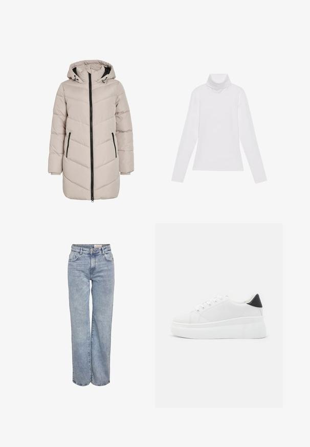 Gai bēšas krāsas pufīgs mētelis ar kapuci, ar zigzaga rakstu, melnu rāvējslēdzēju un divām sānu kabatām. Audumam ir gluda tekstūra.; Balts garie piedurknēm turtlenecks krekls, izgatavots no gludas, elastīgas auduma. Iezīmē augstu apkakli un pielāgotu dizainu, bez redzamām rakstainām vai rotājumiem.; Gaiši zili platlapu džinsi, izgatavoti no denima, ar augstu jostasvietu, piecu kabatu dizainu un vieglu nolietojuma efektu.; Baltas platforma kedas, izgatavotas no gludas sintētiskas vielas, ar noapaļotu purngalu, saites dizainu un teksturētu gumijas zoli. Melna papēža akcenta detaļa.