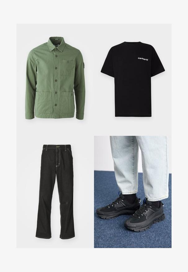 Jaqueta de algodão verde com gola, fecho frontal por botões e dois grandes bolsos frontais. Apresenta um bolso no peito e um patch com o logótipo na manga.; T-shirt preta de algodão com mangas curtas, decote redondo e logótipo branco "Carhartt" no peito esquerdo. Textura suave, design minimalista.; Calças de ganga pretas de corte largo, com costuras brancas em contraste, fecho de botão e design de perna reta.; Sapatilhas desportivas pretas com tecido texturizado e solas em borracha, apresentando atacadores elásticos e um detalhe azul no calcanhar. Usadas com calças de ganga claras.