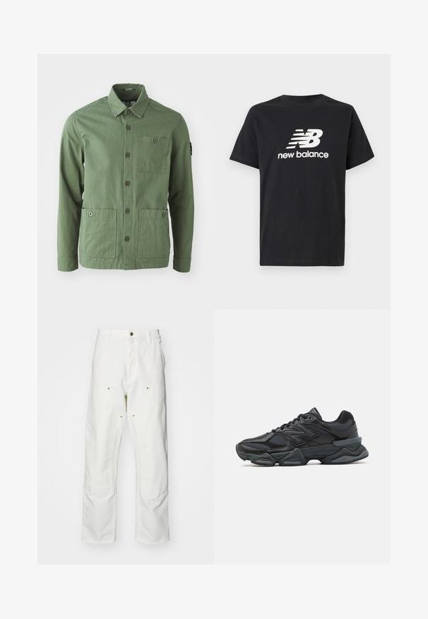 Zeleno bombažno jakno s ovratnikom, sprednjim gumbom in dvema velikima sprednjima žepoma. Ima en žep na prsih in logotip na rokavu.; Črna bombažna majica s kratkimi rokavi, ki na sprednji strani prikazuje belo ikono New Balance in grafični dizajn. Ima okroglo izrezo.; Bela bombažna cargo hlače z udobnim krojem. Značilnosti vključujejo sprednje žepe, zlato poudarjeno kovinsko opremo in ojačane kolenske dele.; Črne tekaške superge, ki združujejo mrežaste in sintetične materiale, imajo debel podplat, ukrivljen oblikovni slog ter izrazito blagovno znamko na strani.