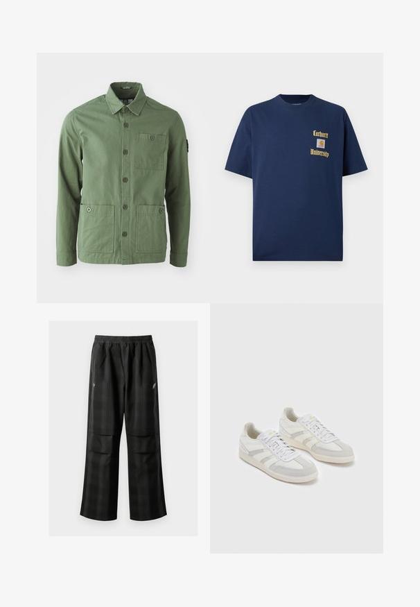 Grønn bomulljakke med krage, frontlukking med knapper og to store frontlommer. Har også en brystlomme og et logo-patch på ermet.; Mørk blå bomull t-skjorte med korte ermer, med gulltekst "Carhartt University" og et logo-patch på venstre bryst.; Svarte rutete bukser med elastisk midje, to frontlommer og løs passform med rett ben-design. Laget av lett materiale.; Hvite joggesko med lysegrå semsket skinndetaljer og striper, med et teksturert stoffoverdel, flate lisser og gummisåle.
