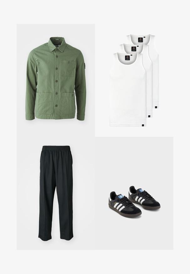 Green cotton jacket with a collar, front button closure, and two large front pockets. Features one chest pocket and a logo patch on the sleeve.; Three white ribbed tank tops made of cotton. Features a crew neck and small black labels near the hem. Available in multiple sizes.; Black athletic pants with an elastic waistband, made of smooth fabric, featuring subtle side stitching and a relaxed fit, straight leg design.; Black sneakers with a suede and synthetic upper, featuring three white stripes, textured rubber sole, and blue logo tag on the tongue.