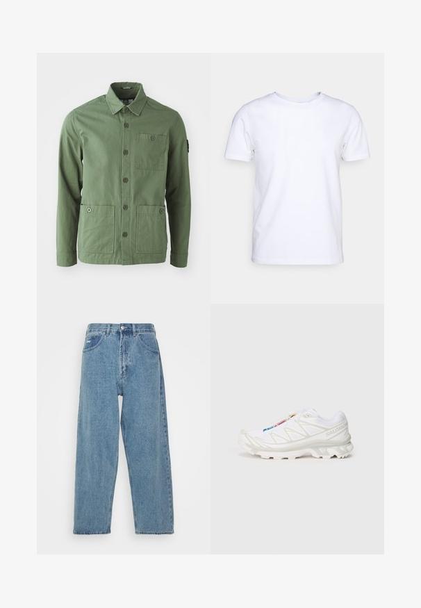 Grønn bomulljakke med krage, frontlukking med knapper og to store frontlommer. Har også en brystlomme og et logo-patch på ermet.; Hvit t-skjorte med korte ermer i bomull med rund hals. Enkelt design uten mønstre eller accenter. Glatt tekstur.; Lyseblå denimjeans med høy midje, avslappet passform, med to frontlommer, en baklomme og knappestengning.; Hvite joggesko med teksturert mesh-overdel, reflekterende detaljer og dempet såle. Merkbar merkevarelogo på siden.