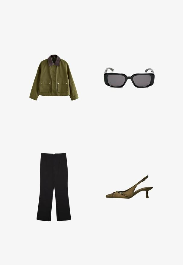 Olivgrüne Jacke mit einem braunen Lederkragen, ausgestattet mit zwei vorderen Taschen, einem Reißverschluss und einer lockeren Passform. Glatte Textur.; Helles beige, verkürztes Sweatshirt mit weiter Ausschnitt, langen Ärmeln und einem weichen, strukturierten Stoff. Verfügt über eine entspannte, kastige Passform.; Schwarze Hose mit geradem Schnitt, ausgestattet mit Fronttaschen und Seitenschlitzen am Saum. Hergestellt aus weichem, glattem Stoff. Geeignet für verschiedene Anlässe.; Olivgrüner Wildleder-Slingback mit spitzer Zehenpartie, verstellbarem Riemen und silbernem Schnallen-Detail; niedriger, ausgestellter Absatz für Stabilität.; Schwarze rechteckige Sonnenbrille mit dunklen Gläsern, glattem Kunststoffrahmen und gebogenen Bügeln. Das Design ist klobig mit einer minimalistischen Ästhetik.