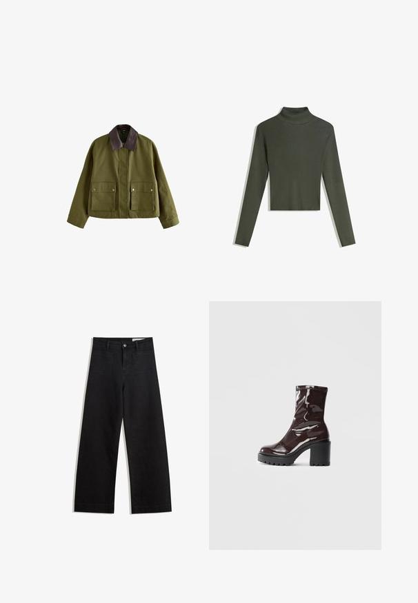 Olíva zöld dzseki barna bőrkollárral, két elülső zsebbel, cipzáras záródással és laza szabással. Sima textúra.; Olíva zöld bordás garbós pulóver hosszú ujjakkal és rövidített fazonnal. A texturált anyag fokozza a vizuális érdeklődést és a testhezálló illeszkedést.; Fekete, bő szabású farmernadrág magas derékkal, elülső és hátsó zsebekkel, varrott felületekkel és gombos záródással. Sima textúra.; Fényes bordó bokacsizma vastag fekete sarokkal, sima felülettel és egyszerű dizájnnal. Nincsenek látható zárak vagy minták.