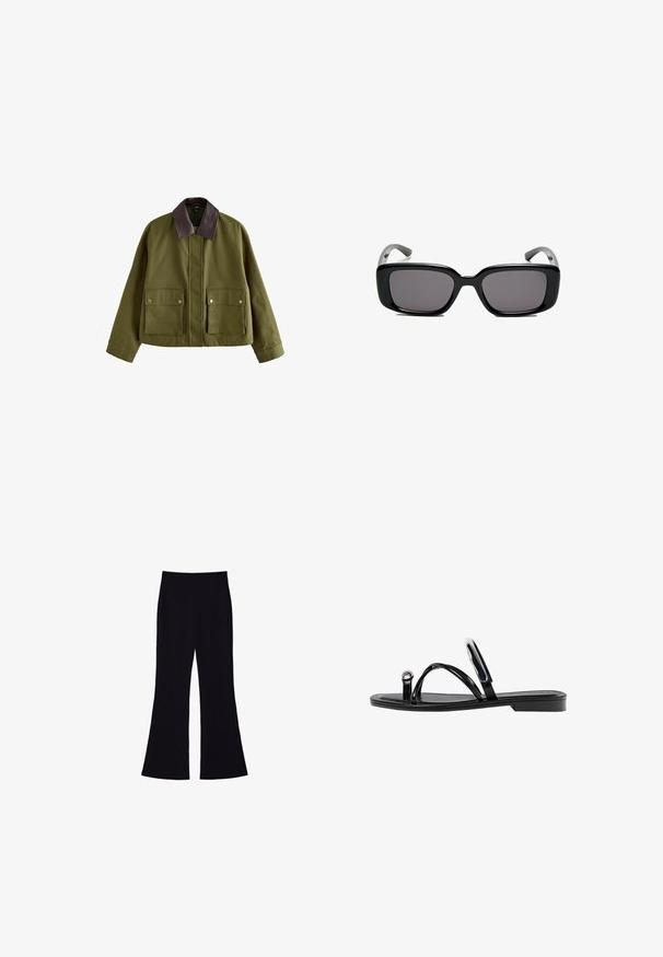 Olive green jacket with a brown leather collar, featuring two front pockets, a zip closure, and a relaxed fit. Smooth texture.; White cotton T-shirt with a round neckline, cap sleeves, and a fitted design. Smooth texture with no patterns or embellishments.; Black flared trousers with a high waistband and no visible pockets or buttons, shown against a white background.; Black flat sandals featuring a glossy finish, three thin straps, and a circular hardware detail at the toe. Sleek design with a minimal heel.; Black rectangular sunglasses with dark lenses, smooth plastic frame, and curved temples. The design is chunky with a minimalist aesthetic.