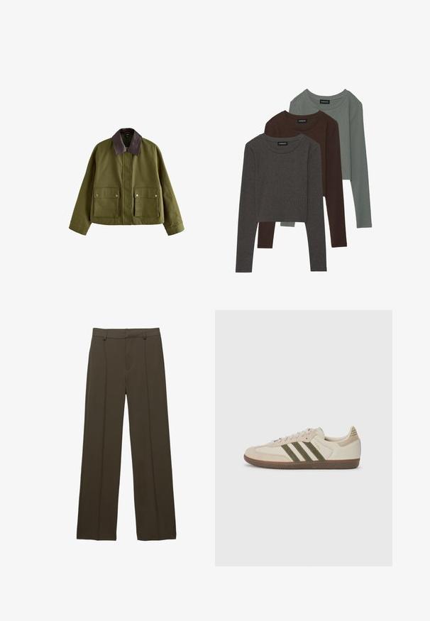 Maslinasto zelena jakna s smešanim kožnim kragnom, s dva prednja džepa, zatvaranjem na zip i opuštenim krojem. Glatka tekstura.; Even&Odd 3 PACK - Top dugih rukava - brown/dark grey /dark green; Smeđe hlače širokih nogavica s glatkom teksturom, koje imaju prednji pregib, zatvarač i petlje za remen. Izrađene su od lagane, tkanine.; adidas Originals SAMBA OG UNISEX - Tenisice - alumina/medium dark khaki/gum