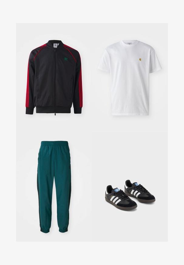 Jachetă neagră tip track cu dungi roșii, închidere cu fermoar, manșete și tiv din material elastic, având un mic logo verde în zona stângă a pieptului. Material ușor.; Tricou alb din bumbac, cu mâneci scurte, gât echipat, având un mic logo auriu în zona stânga a pieptului. Textură moale și croială normală.; Pantaloni atletici în nuanța teal, cu talie cu șnur, manșete elastice și dungi negre pe laterale. Conținuți dintr-un material ușor, cu un logo aproape de șold.; Tenisi negri cu superior din suede și sintetic, având trei dungi albe, talpă din cauciuc texturat și etichetă albastră cu logo pe limbă.