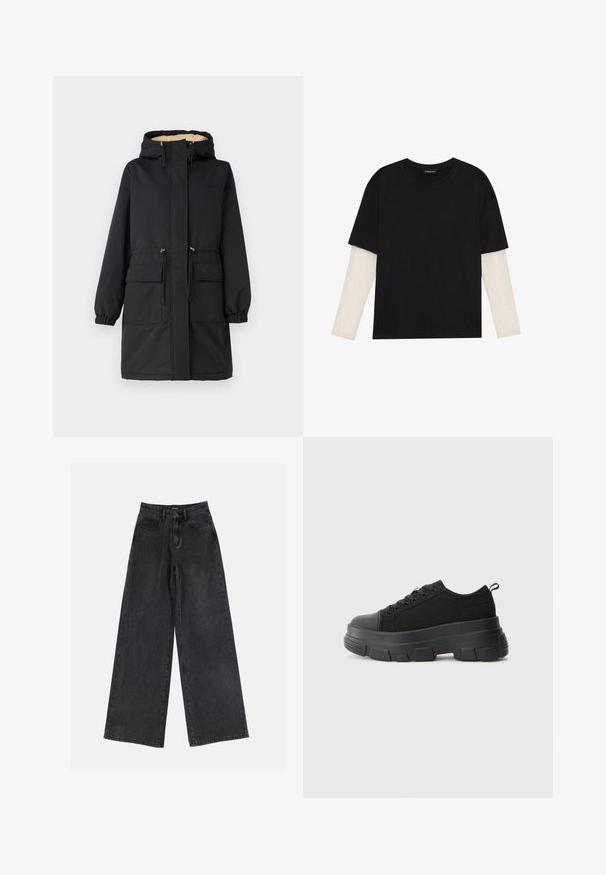 Črna parka jakna s kapuco obloženo z krznenim materialom, dvema sprednjima žepoma, prilagodljivo vrvico v pasu in elastičnimi manšetami. Gladka tekstura tkanine.; Črna majica iz bombaža s kratkimi rokavi, ki pokriva belo dolgi rokav z subtilnim teksturiranim vzorcem. Oblika izrezanega vratu.; Črne široke denim hlače z visokim pasom, klasičen pet-pocket dizajn in subtilno zbledelo videz. Trpežen material z gladko teksturo.; Črne teniske z debelim gumijastim podplatom, zgornji del iz teksturirane tkanine, okrogla punta in zavezovanje z vrvicami. Vključujejo ojačane luknje za vrvice in zanko na hrbtu.