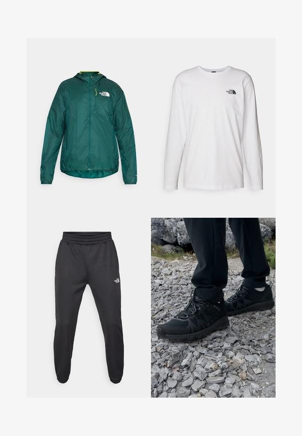 Lett, grønn regnjakke med glidelås, justerbar hette og logo på brystet; glatt tekstur med lange ermer.; Hvit langermet T-skjorte laget av bomull med rund hals. Har en liten svart logo på brystet. Glatt tekstur, vanlig passform.; Sorte joggebukser med snor i livet, tettsittende passform, elastiske mansjetter og en liten hvit logo på venstre lår, laget av glatt materiale.; Sorte utendørssko i svart med mesh og syntetisk materiale, med en teksturert overdel, sikret snøresystem og en robust såle, på steinete terreng.