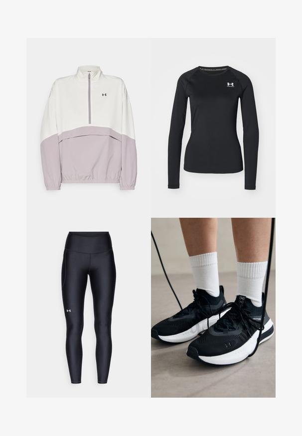 Chaqueta de media cremallera blanca y lila claro con un cuello alto, puños elásticos y un dobladillo ligeramente ajustado. Presenta un logo en el pecho.; Camisa atlética de manga larga negra hecha de una tela suave, con un escote redondo y un pequeño logotipo blanco en el lado izquierdo del pecho.; Leggings negros hechos de un material suave y elástico con una cintura alta. Presentan un logo blanco en el muslo izquierdo y un diseño ajustado.; Zapatillas deportivas negras con tela texturizada, suela blanca y cordones negros. Llevadas con calcetines blancos de canalé, de pie sobre una superficie clara.
