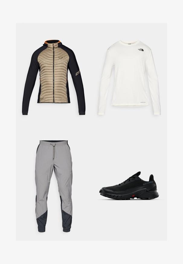 Izolowana kurtka z beżowym, pikowanym przodem i czarnymi elastycznymi wstawkami. Posiada kaptur, zamek błyskawiczny z przodu oraz pomarańczowe akcenty na kołnierzu.; Biała koszula z długim rękawem, okrągłym dekoltem, teksturowana tkanina, czarny logo na lewym ramieniu oraz subtelne oznaczenie na dole.; Lekki, szare spodnie sportowe z czarnymi akcentami. Elastyczny pas, zapięcie na sznurek, zwężający się krój nogawek oraz boczne kieszenie.; Czarne buty sportowe z teksturowaną cholewką, zaokrąglonym noskiem i wyraźną gumową podeszwą. Posiadają logo z boku i czerwone akcenty na podeszwie.