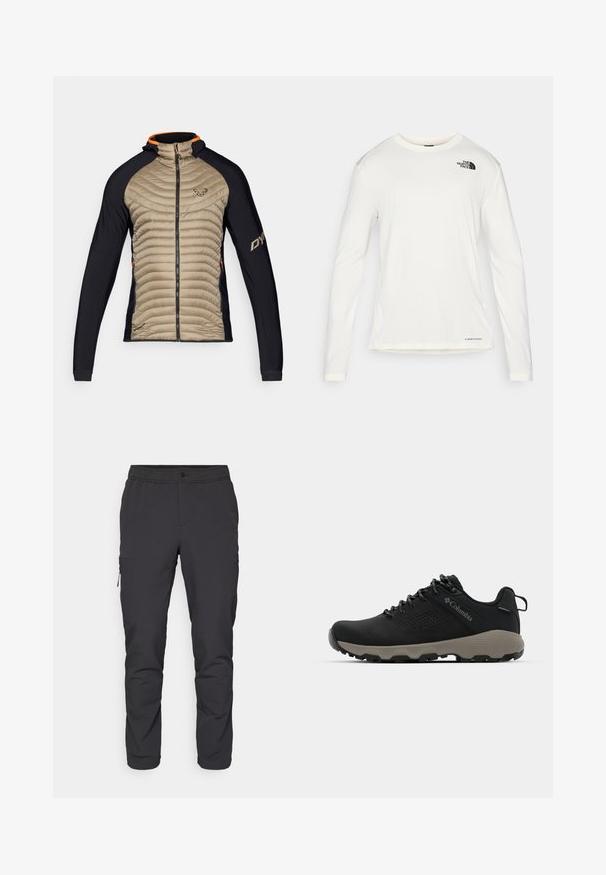 Izoliuota striukė su smėlio spalvos, siuvinėtu priekiniu dalimi ir juodais elastingais įdėklais. Ji turi gobtuvą, priekinį užtrauktuką ir oranžines detales ant apykaklės.; Balta ilga rankove marškiniai su apvalia iškirpte, tekstūruota medžiaga, juodas logotipas kairėje petyje ir subtilus prekės ženklas apačioje.; Juodos, siaurėjančios kelnės su elastinga juosta, užtrauktuku užsegamu šoniniu kišeniu ir sklandžiu, lengvu audiniu. Idealiai tinka aktyviam dėvėjimui.; Juodas žygio batukas su lygiu viršumi, perforuotu dizainu, pilku padu ir sustiprintu kulnu. Yra raišteliai ir kilputė, skirta patogiam užsivilkimui.