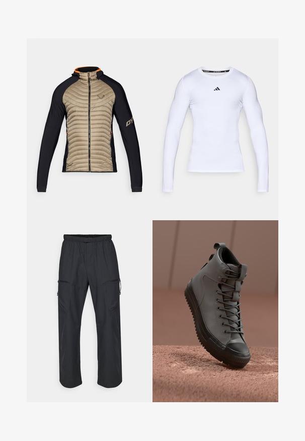 Insulated jacket featuring a beige, quilted front and black stretch panels. It has a hood, front zipper, and orange accents on the collar.; White long-sleeve athletic shirt made of stretch fabric, featuring a round neckline and a black Adidas logo on the chest.; Black cargo pants featuring an elastic waistband, two zippered pockets, and a lightweight, smooth fabric texture.; High-top sneaker in gray leather with a textured finish, black rubber toe cap, and gray laces. Features a pull tab at the heel.