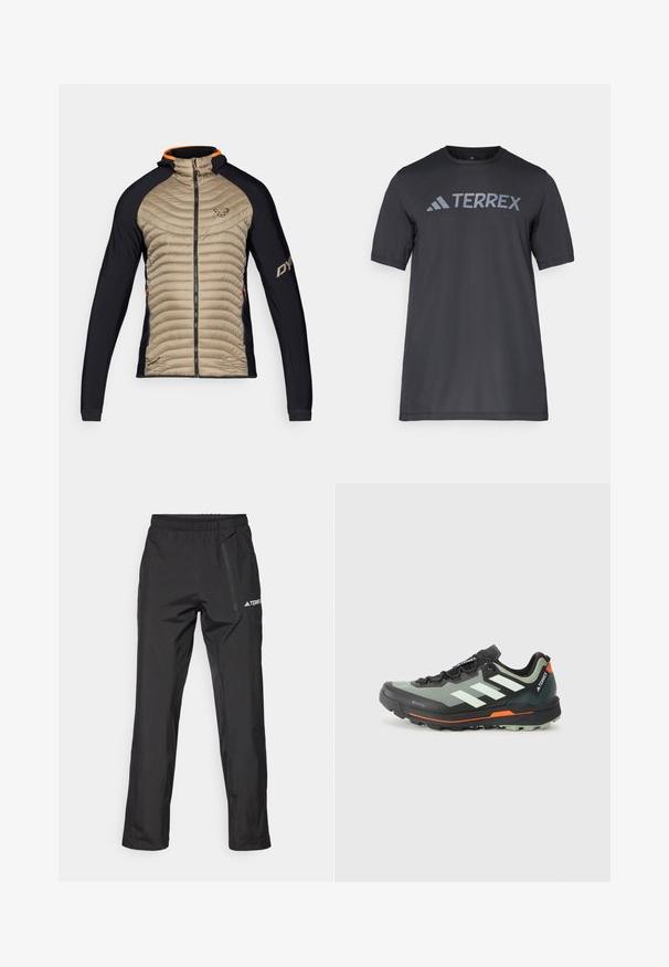 Izolirana jakna z bež, pikčasto sprednjo stranjo in črnimi razteznimi paneli. Ima kapuco, sprednji zadrgo in oranžne detajle na ovratniku.; Črna majica s kratkimi rokavi iz lahkega materiala, ki ima odtisnjen svetlo sivi logotip "TERREX" čez prsi in okrogel izrez.; Črne vodoodporne hlače iz lahkega materiala, ki imajo elastičen pas in stranski žep z zadrgo. Enostaven, krojen dizajn.; Lahka tekaška čevlja za trail s sivim in črnim mrežastim zgornjim delom, oranžnimi poudarki in robustnim podplatom za oprijem. Vodoodporna Gore-Tex podloga.