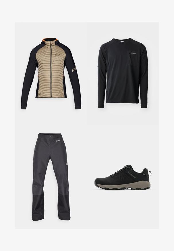 Iesiltināta jaka ar beigu krāsas, kvadrātu izšuvumu priekšpusi un melniem stieptiem paneļiem. Tai ir kapuce, priekšējais rāvējslēdzis un oranži akcenti uz apkakles.; Columbia COLUMBIA TECH™ LONG SLEEVE CREW - Tops ar garām piedurknēm - black; Melni ūdensnecaurlaidīgi bikses ar gludu tekstūru, ar GORE-TEX logo priekšpusē un pastiprinātiem apakšējiem matiņiem izturībai.; Melnas pārgājienu kurpes ar gludu virsu, perforētu dizainu, pelēku zoli un nostiprinātu papēdi. Iekļauj auklas un cilpu vieglai uzvilkšanai.