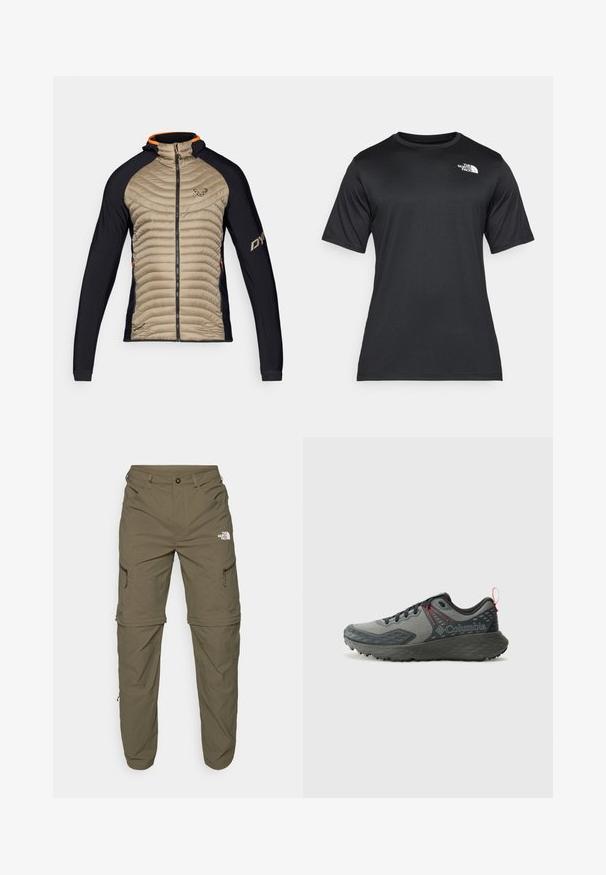 Casaco isolado com um frente acolchoada bege e painéis de stretch pretos. Tem um capuz, fecho de correr frontal e realces laranja no colarinho.; Camiseta preta de manga curta feita de um tecido leve e que absorve a umidade. Apresenta um logo branco no lado esquerdo do peito e um decote redondo.; The North Face EXPLORATION TAPERED CONVERTIBLE - Calças para exterior - new taupe green; Columbia KONOS - Sapatos de caminhada - grey steel/mountain red