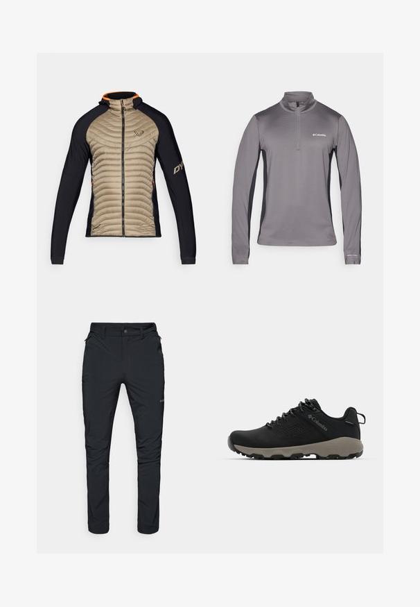 Izolovaná bunda s béžovým prošívaným předním dílem a černými elastickými panely. Má kapuci, přední zip a oranžové akcenty na límci.; Šedý pulovr s dlouhým rukávem a polovičním zipem, textured látka, kontrastní černé boční panely a malé logo na hrudi.; Černé venkovní kalhoty s rovnou siluetou, vybavené zipovými kapsami, poutky na opasek a lehkým, odolným textilním materiálem.; Černá turistická bota s hladkým svrškem, perforovaným designem, šedou podrážkou a zesíleným patou. Obsahuje tkaničky a poutko pro snadné obutí.