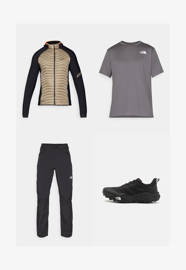 Izolovaná bunda s béžovým prošívaným předním dílem a černými elastickými panely. Má kapuci, přední zip a oranžové akcenty na límci.; Šedé sportovní tričko s krátkým rukávem vyrobené z hladkého, lehkého materiálu. Obsahuje bílé logo na levé části hrudi. Kulatý design výstřihu.; Černé venkovní kalhoty s kapsou na zip na přední straně, syntetický materiál, zúžené nohavice a zesílené panely na kolenou. Vybaveny knoflíkovým zapínáním.; Černé trailové běžecké boty s texturovaným svrškem, gumovou podrážkou a vyztuženou špičkou. Obsahují polstrovaný límec a poutko pro snadné obouvání.