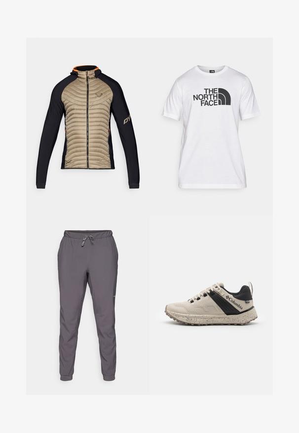 Isolierte Jacke mit einer beigen, gesteppten Front und schwarzen Stretchpaneelen. Sie hat eine Kapuze, einen Frontreißverschluss und orangefarbene Akzente am Kragen.; Weißes Baumwoll-T-Shirt mit einem schwarzen Grafikdruck, der Text und ein geschwungenes Logodesign zeigt. Runder Halsausschnitt und kurze Ärmel. Schlichte Textur.; Grau, leichte, elastische Bundhose mit verstellbarem Kordelzug; tapered Beine; glatte Textur; enthält Logodetail an der Seite.; Columbia Sneaker in Beige und Schwarz, mit einem strukturierten Mesh-Obermaterial, gesprenkelter Zwischensohle und einer robusten Gummisohle für Traktion.