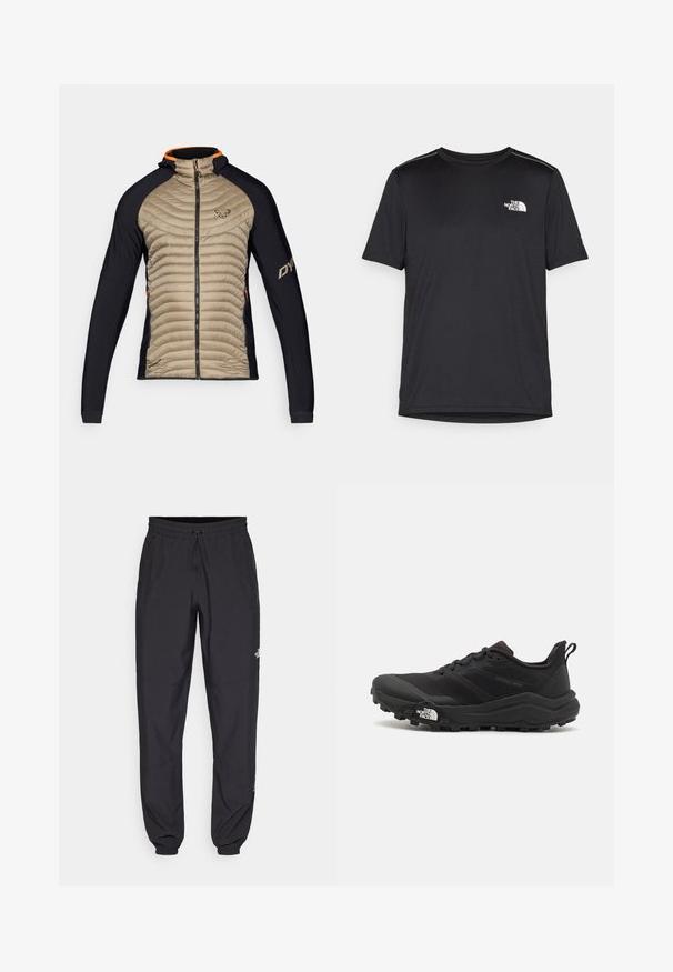 Veste isolante avec un devant beige matelassé et des panneaux extensibles noirs. Elle possède une capuche, une fermeture éclair sur le devant et des accents orange sur le col.; T-shirt noir à manches courtes en tissu léger. Présente un petit logo blanc sur la poitrine gauche et des accents subtils aux épaules.; Pantalon de sport noir en tissu léger, avec une taille à cordon, des poches latérales et des chevilles resserrées.; Chaussure de trail running noire avec une tige texturée, semelle en caoutchouc et bout renforcé. Présente un col rembourré et une tirette pour un enfilage facile.